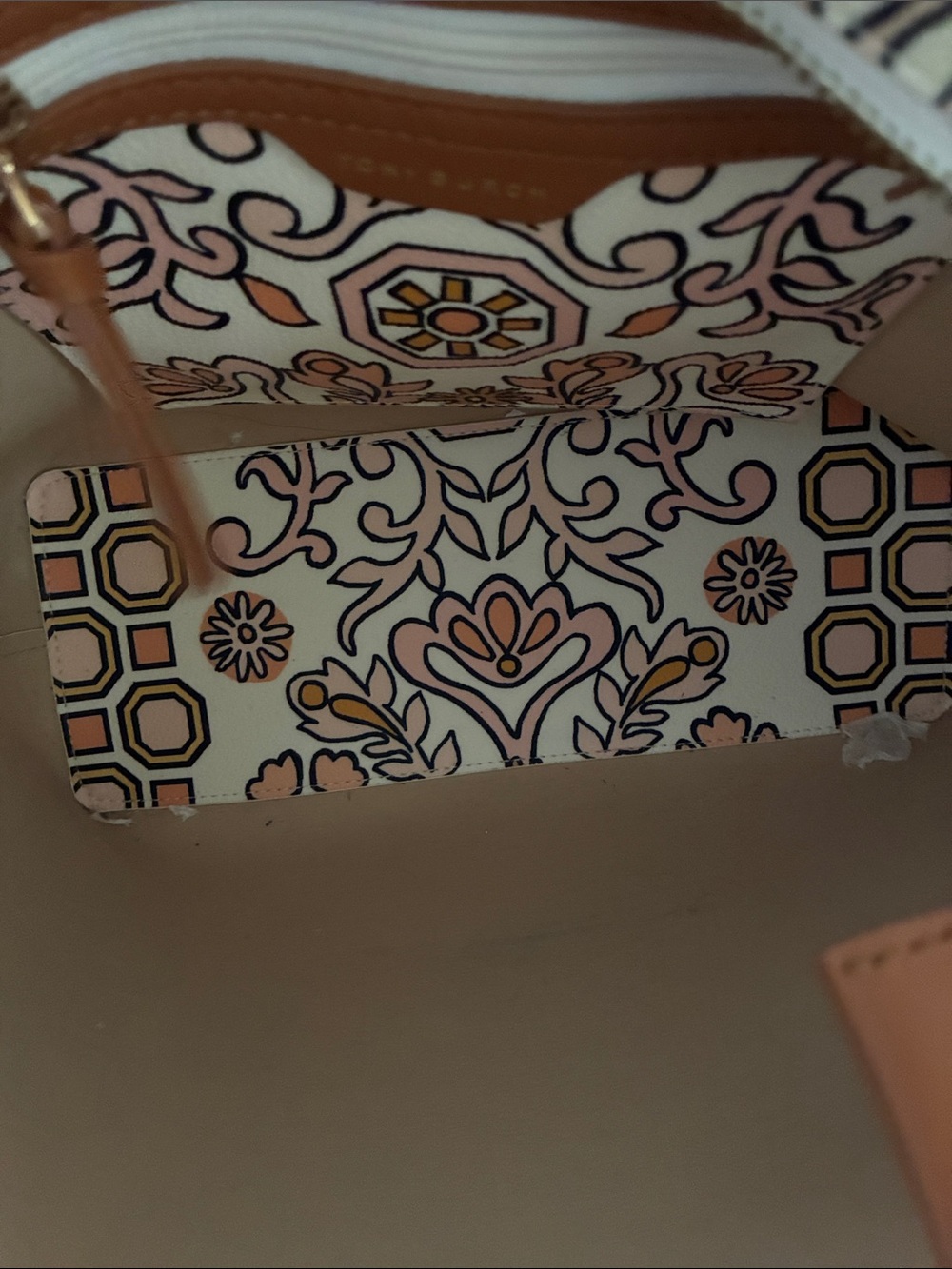 Tory Burch Cream Floral & Geometric Tote with Tan Trim - Picture 4 of 8